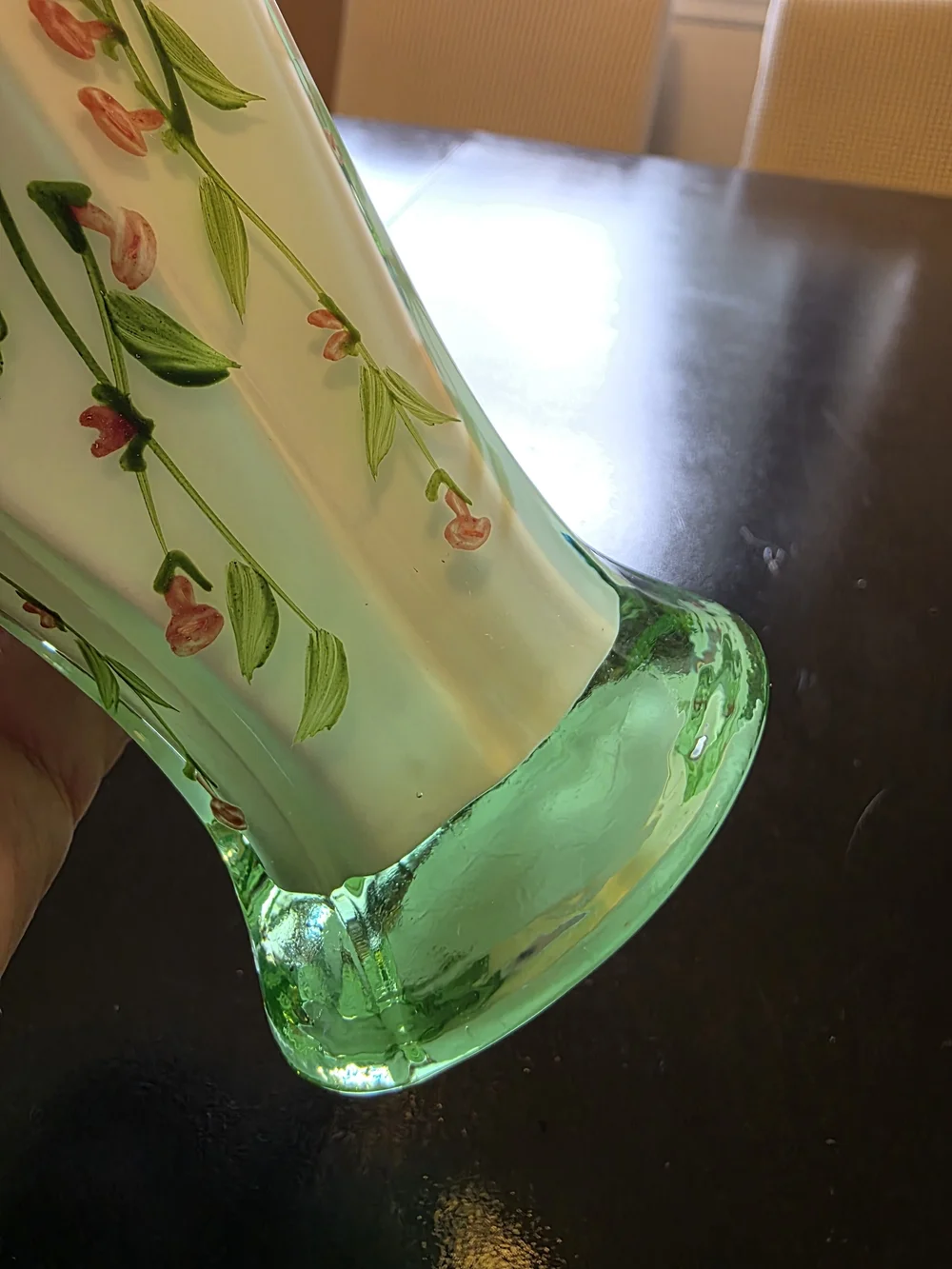 Fenton Opaline Green Cased Glass Ruffle Vintage Floral Hand Painted Roses Vase